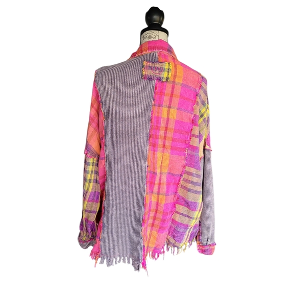 Ole & Halli Mixed Media Plaid Boho Shacket Frayed Hem M - Picture 2 of 8